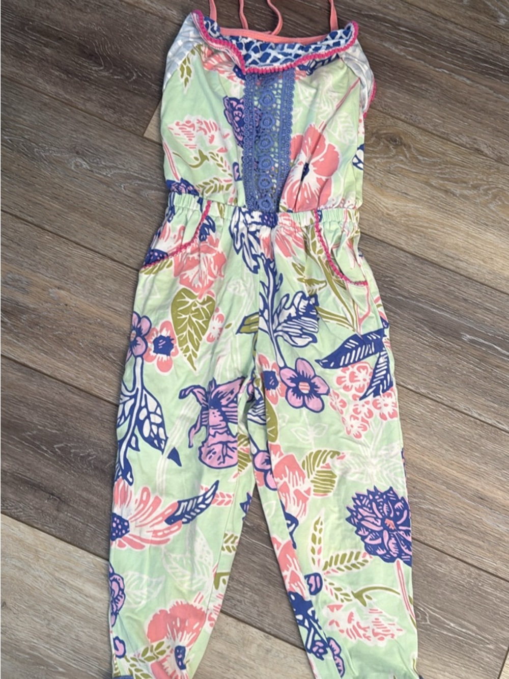 Matilda Jane Green Floral Jumpsuit with Pink and Navy Accents